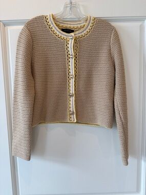 Cropped Beige Knit Cardigan with Yellow and White Trim